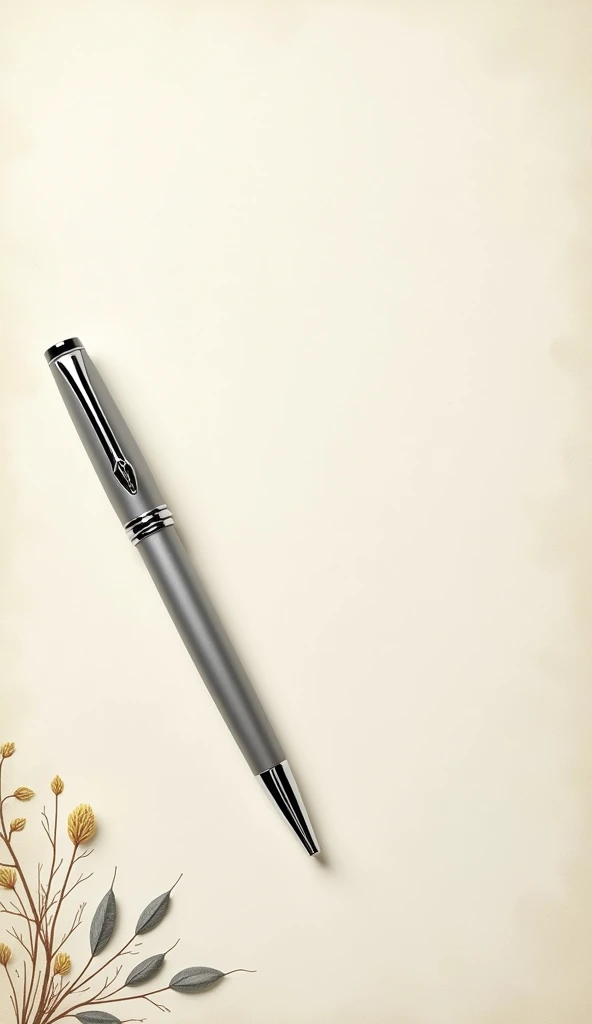 A white brownish page. The page with some flower design bottom side of the page. Left side of the page have a Parker Folio Stainless Steel Chrome Trim silver color Fountain Pen. Pen is completely silver color don't use other colors.
Pen onto the side corner of the page. Pen don't cover the page or the middle part of the page. Remove any text from the page and want only pen and the page. Place the pen left side of the page.