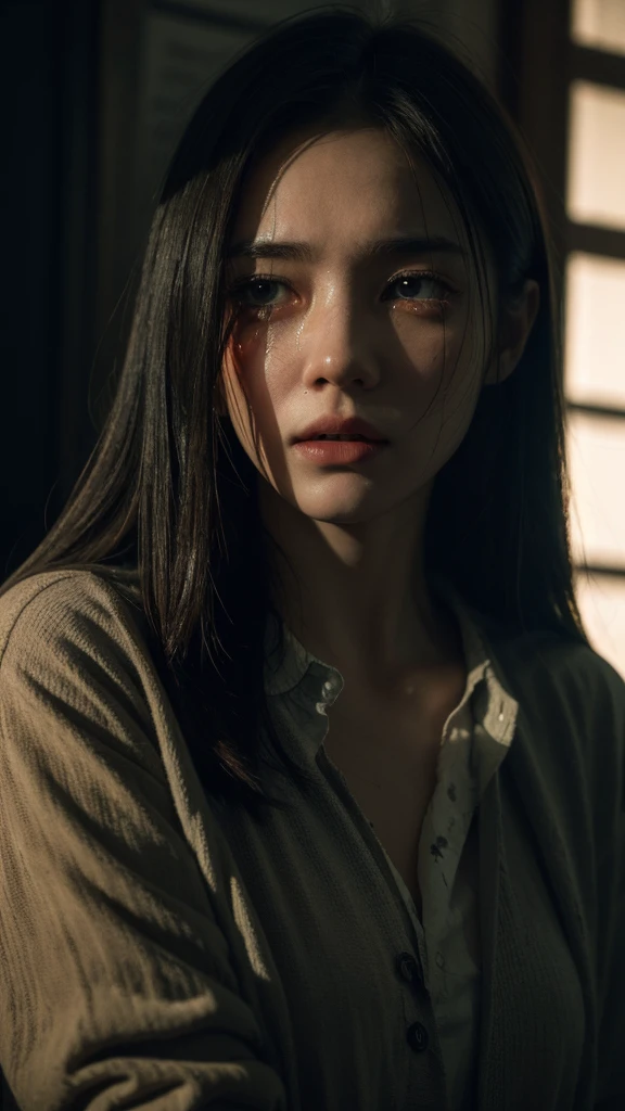a crying injured girl with blood all over her body, 1girl, hyper-realistic, highly detailed, photorealistic, cinematic lighting, dramatic lighting, dramatic shadows, dramatic atmosphere, blood-stained clothes, tears in her eyes, face full of pain and anguish, disheveled hair, realistic skin texture, detailed facial features, high resolution, 8K, masterpiece, cinematic composition, emotional, moody, gritty, dark, dystopian, dramatic color palette, muted colors