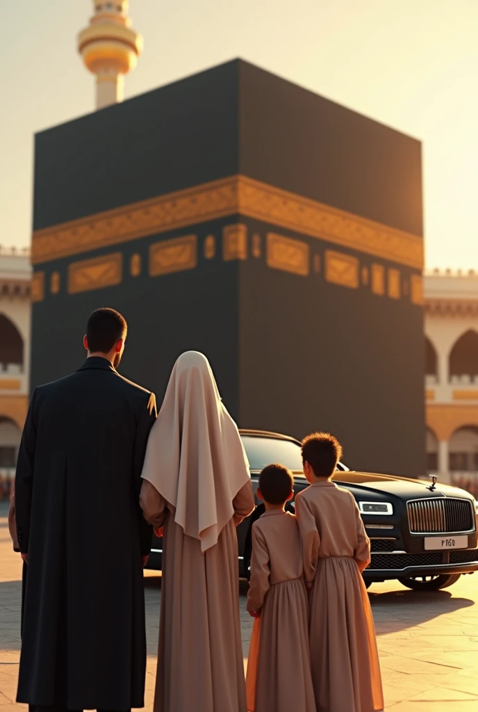 "Please create an image of a family at the Kaaba consisting of a husband, a veiled wife, two daughters, and a young son, all together in lexuray car."