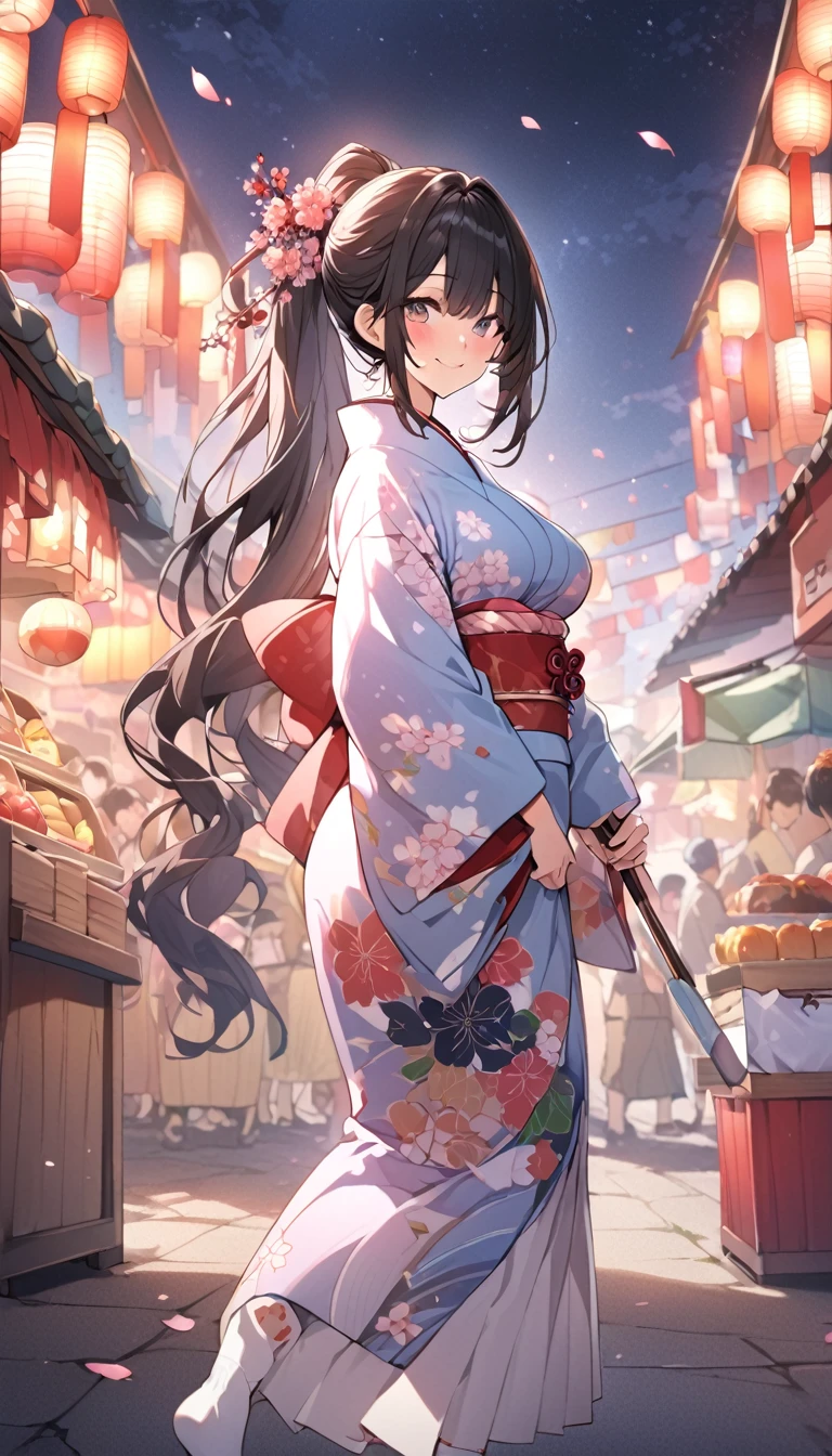 One Woman、beautiful girl、night、nightcherry blossoms、kimono、Beautiful patterned kimono、ponytail、Waraji、spring、cherry blossoms々、はためくcherry blossomsの花びら、Long Hair、Highest quality、Ultra HD、Black Hair、smile、8 heads、White tabi socks、Japanese Umbrella、smile、Cowboy Shot、festival、Many food stalls、Beautiful views、Turn your body forward、Accentuate your breasts、Entire body facing forward、Holding a gorgeous fan