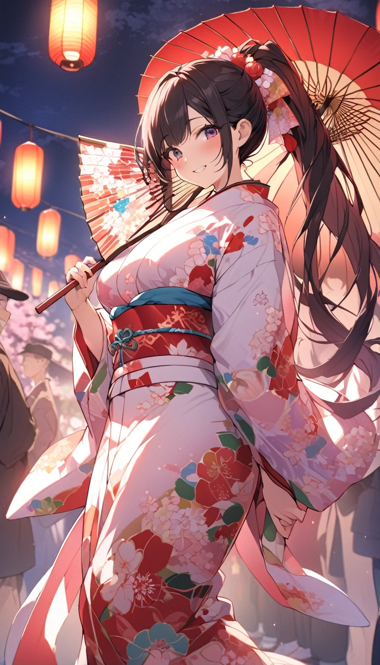 One Woman、beautiful girl、night、nightcherry blossoms、kimono、Beautiful patterned kimono、ponytail、Waraji、spring、cherry blossoms々、はためくcherry blossomsの花びら、Long Hair、Highest quality、Ultra HD、Black Hair、smile、8 heads、White tabi socks、Japanese Umbrella、smile、Cowboy Shot、festival、Many food stalls、Beautiful views、Turn your body forward、Accentuate your breasts、Entire body facing forward、Holding a gorgeous fan