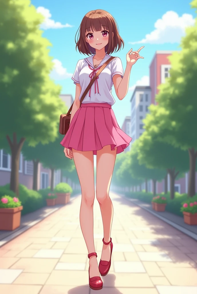 粉色Short skirt,School Belle,Short skirt,whole body,High heel,Smile