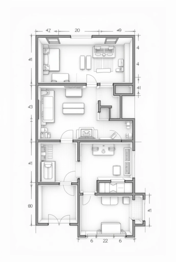 groundloor plan of two story house engineer drafting  black and white sketch, no any write.