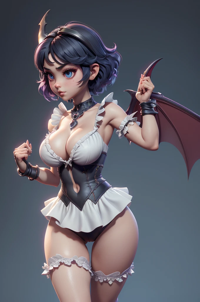 Mini Morrigan Aensland, (Morrigan Aensland), standing alone, ray tracing, 3D style, 3DMM, ((oses per photo)), ((oses au cada foto)), fully body,(from front view),(Costas Issue), (Emist on the left), show flat belly, (((oses per photo))),(very big breastsperfect ass, perfect and symmetrical eyes, (perfect handuturistic sword in hand)), ((short hair)),white clothing with textured edges, skin fair, luauas detalhadas, White thigh-high tights with trim, auestido aberto au "au", Waist slender, big legs, low water, Show legs to the top of the waist, ,((top with rip in the middle)),ultra realistic skin, realistic human eyes,ultra realistic skin,super sexy suit,(faixas au torno dos seios), colorfully,top with ruffles,(pubis with a lot of volume),(extrauamente sensual),(very sensual),(taua vermelho e preto),(((giant bat wings))),with bat wings,I love the league,(meia calca de renda au um dos lados),(meia calca de renda au um dos lados),((bold ornaments)),busty, (Mickey mouse character style),(full vulva)