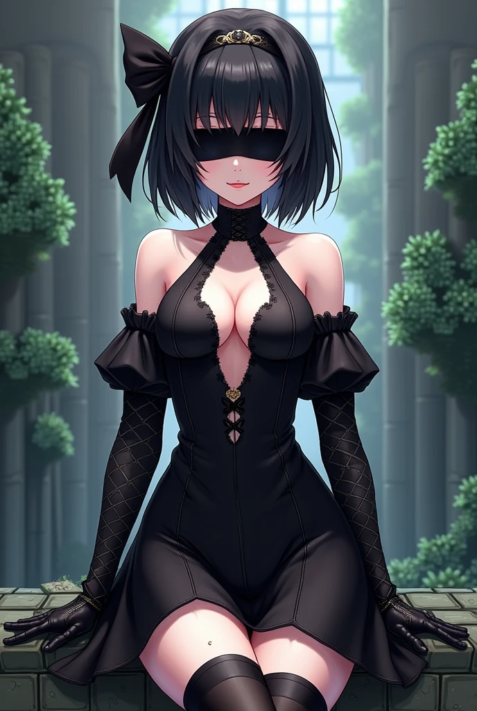 2b, long_sleeves, gloves, dress, cleavage,black_gloves, puffy_sleeves, black_thighhighs, mole, black_dress, clothing_cutout, cleavage_cutout, black_hairband, juliet_sleeves, mole_under_mouth, blindfold, vambraces, covered_eyes, black_blindfold,anime,short_hair,minecraft_skin