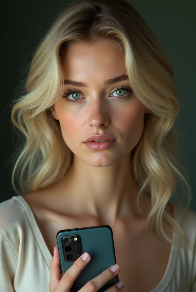 wife , origine russe , bionde , green eyes , samsung s23 , bouche fermer , hair curl 