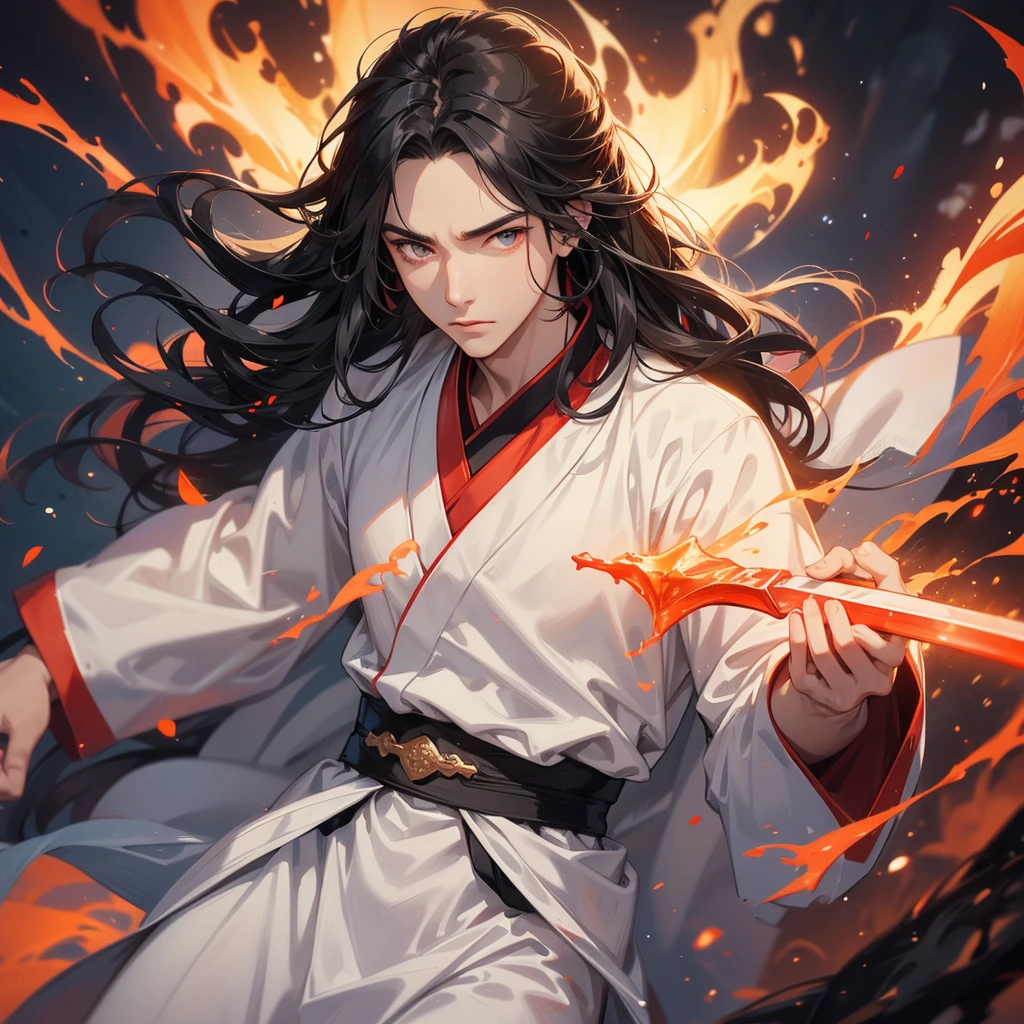 A Handsome black-hair male holding a large sword in white hanfu dress, Background is a volcano, lava erupting red, close up.