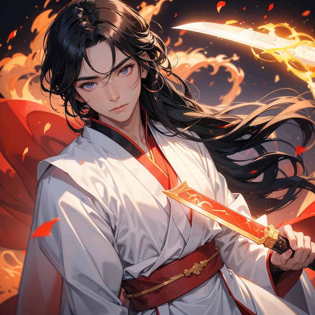 A Handsome black-hair male holding a large sword in white hanfu dress, Background is a volcano, lava erupting red, close up.