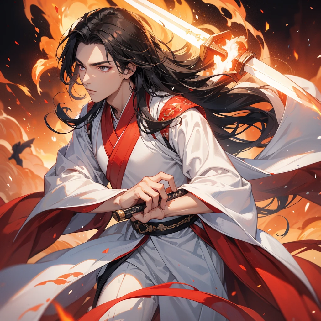 A Handsome black-hair male holding a large sword in white hanfu dress, Background is a volcano, lava erupting red, close up.