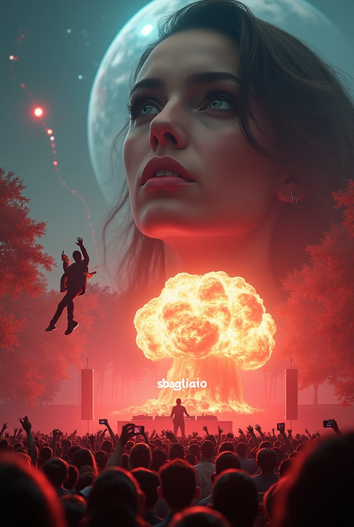  A woman&#39;s gaze in the background, while a woman fell from space into an electronic music concert and with the word of Sbagliato on the concert screens, while a planet explodes and a bottle of whiskey is opened by a DJ in the middle of a concert, All this with the gaze of a woman fainting in the sky 