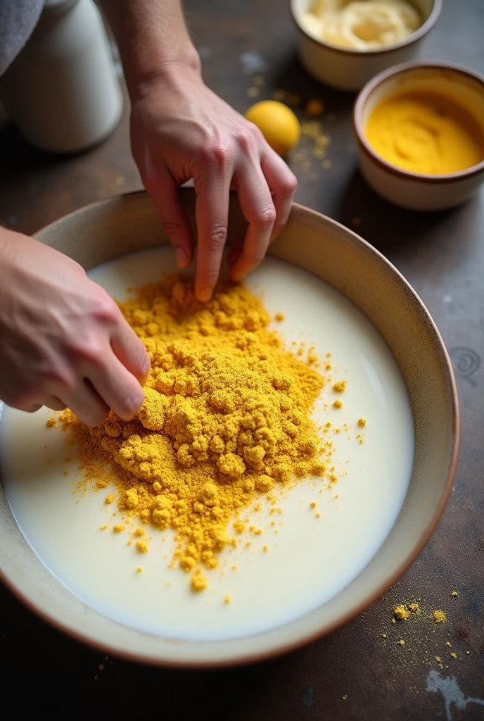 Paste of milk with ginger powder in bowl man mixing pic from up not showing man body only mixing . ginger powder will be more and milk will be less and only one man mixing
Pic from up