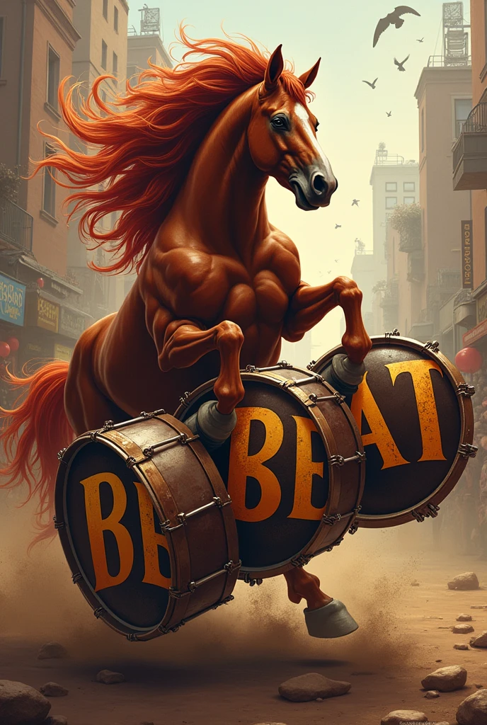 a bronco horse playing 4 tenor drums and the word beat is spelled out individually on those drums ( B. E. A. T.)