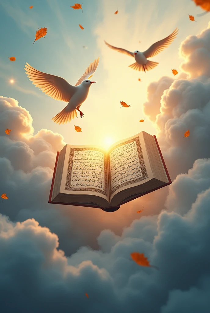 "A picture of a page from the Holy Quran in the middle of the clouds, with birds flying around it and scattered leaves in the background."