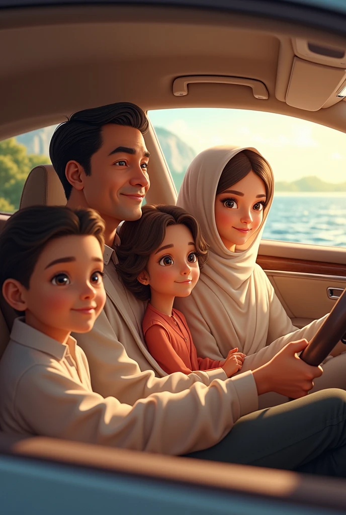 A Disney character man and his hijabi wife with their two children one boy and one baby girl,sitting in front of a suv car