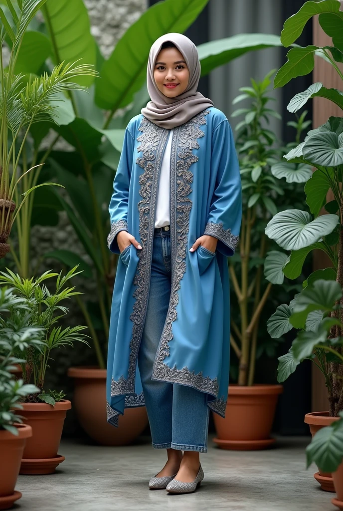 Image of a woman in hijab standing in front of various potted plants. The woman wore a blue modern robe with intricate embroidery combined with jeans (full body). He smiled faintly at the viewers. The person also wears pointed-toed shoes that match the outfit. Behind the person, there is a collection of greenery of various sizes and shapes, creating a lush backdrop."