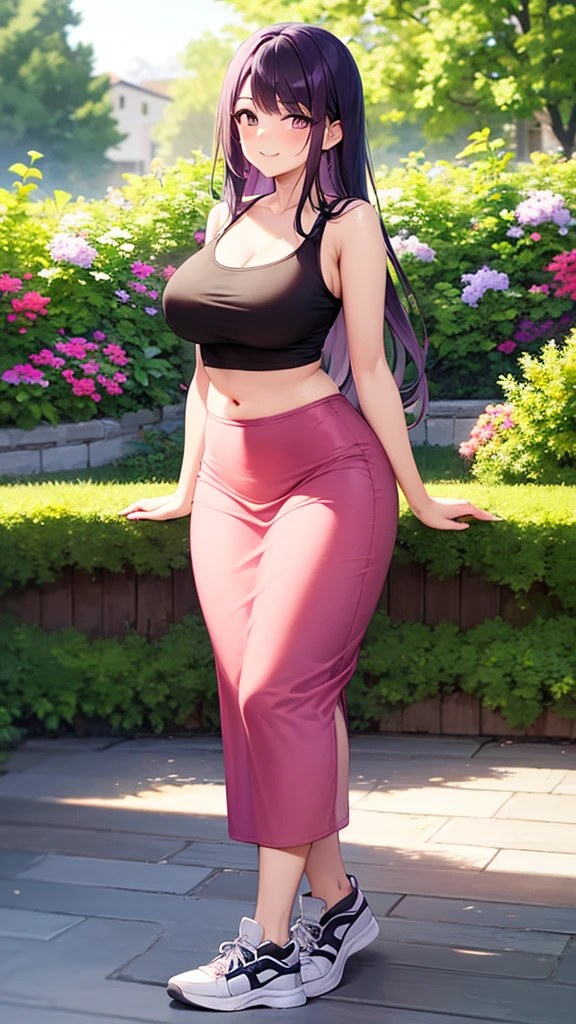 masterpiece, best quality, high detail, beautiful woman, wavy hair, dark brown hair, pink tank top, long black skirt, sneakers, looking at viewer, wide eyed, garden, park, tree, smile, stylish pose
