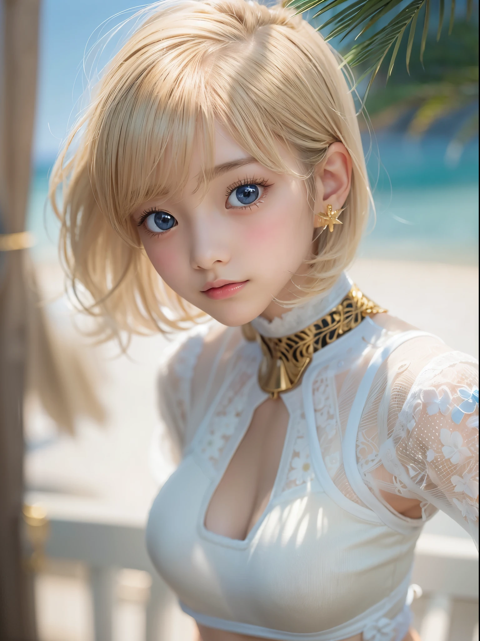 One Girl,(とてもcute少女:1.3),masterpiece,Highest quality,High resolution,Photorealistic,RAW Photos,Ray Tracing,Physically Based Rendering,beautiful girl,(:1.3),cute,Big eyes,(detailed pupils:1.2),(The face is facing sideways:1.3),Body facing sideways,Beautiful nose,High nose,Upturned nose,Fuller lips,Short black hair,ponytail,short hair,Detailed eyelashes,Thin eyebrows,Very fine grain definition,(Golden Ratio:1.3),(Face close-up,Face Focus:1.0),Small breasts,Slim figure,Short neck,White swimsuit,White Bikini,Ocean,Southern Island,Blue sky,White cloud,Portrait,View Viewer,Upper Body,Cinema Lighting,High resolution,Very detailed