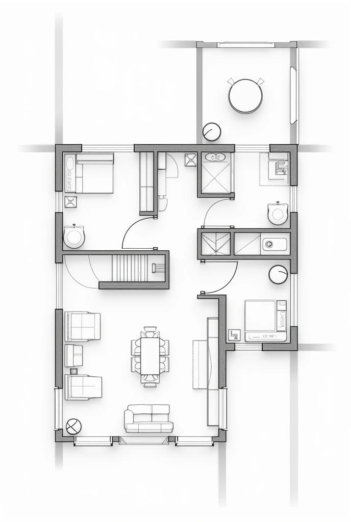 groundloor plan of two story house engineer drafting  black and white sketch, no any write.
