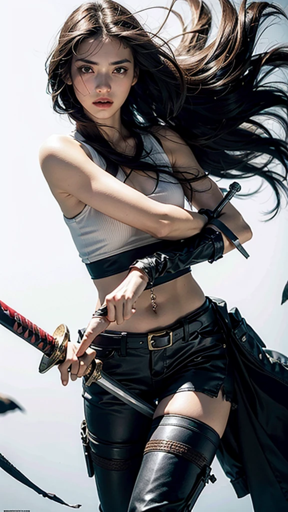 Best quality,ultra high res,(photorealistic:1.4)1girl,weapon,sword,long hair,black hair,holding,white background,solo,holding weapon,blood,holding sword,arm guards,simple background,male focus,blood on weapon,looking at viewer,black eyes,tabi,floating hairfull body,medium brown,upper body,croptop,lying,