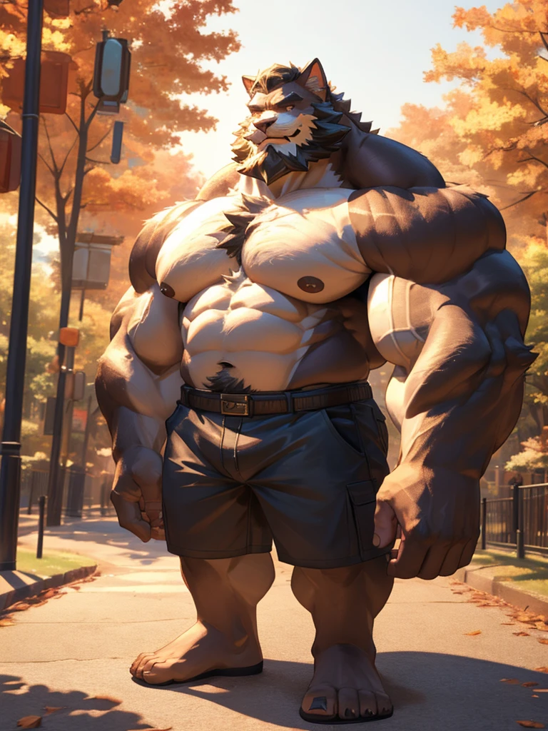 1boy, 1man, solo, a potrait (furry cat), (face, detailed face, bearded, beard, thick mustache), Park, extremely huge muscular, massive muscular , (topless, shirtless, shorts), well-muscled old man. ((extremely muscle size, super thick arms, huge pec, hyper pec, bigger chest, extremely wide pectoral , huge arms)), wide smiling. Add textures and details to make the image more realistic, such as the appearance of the. Make sure the resulting image is high resolution, 8K quality