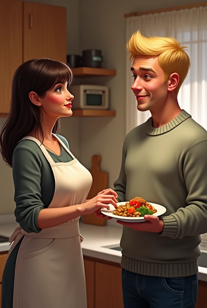 Housewife, kitchen, brunett, straight hair, apron, busty, huge boops, she is serving food to her husband, he is blond, has no beard, he looks content with her, he wears sweater