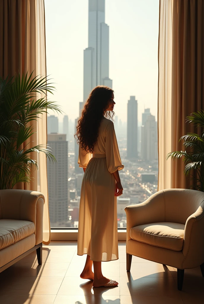 A photorealistic scene of a beautiful woman standing in a luxurious high-rise apartment in the Burj Khalifa. She’s wearing an elegant silk robe and matching slippers, with long curly hair cascading around her. The room features soft, warm lighting and is decorated with elegant furnishings and indoor plants. Through the large windows, the expansive cityscape of Dubai is visible, with the iconic Burj Khalifa towering above the bustling city. Capture the intricate details of her poised stance and the contrast between the sophisticated indoor space and the vibrant city lights outside."
