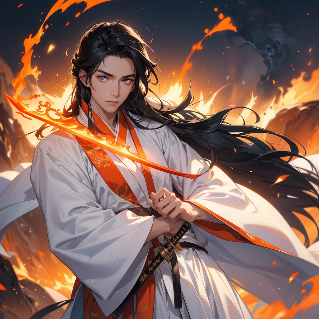 A boy in a long robe, with long streamers floating around, vertical painting style, long hair flowing, diffused energy, flowing light effects, fluffy, holding a sword in his hand, a huge Chinese dragon, depth of field effect, Chinese fairy Style, rich details, cinematic lens, stereoscopic shadows, global illumination, epic picture, extreme details, 8k, myths and legends, masterpieces,
