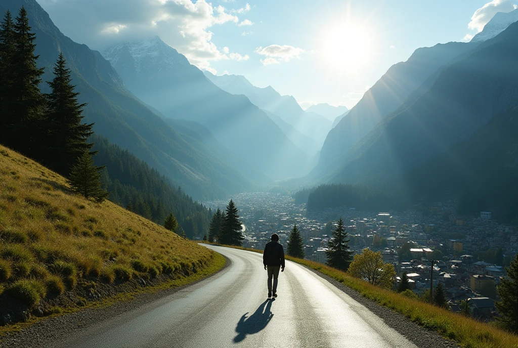 You are walking alone on a clear winding road arriving in a city that meanders through majestic mountains, soon the front has a beautiful town with several people. The sky, once clear, is now covered by sunlight. The wind blows with increasing force, making the trees around it moan and lean. You feel the first drops of rain touching your skin, and the air becomes heavy with the expectation of an impending storm. In this moment of loneliness and uncertainty, with nature about to unleash its fury, you remember the comforting words of Psalm 91. As you recite the verses in your mind, a sense of calm begins to spread throughout your being, contrasting with the turmoil around you.