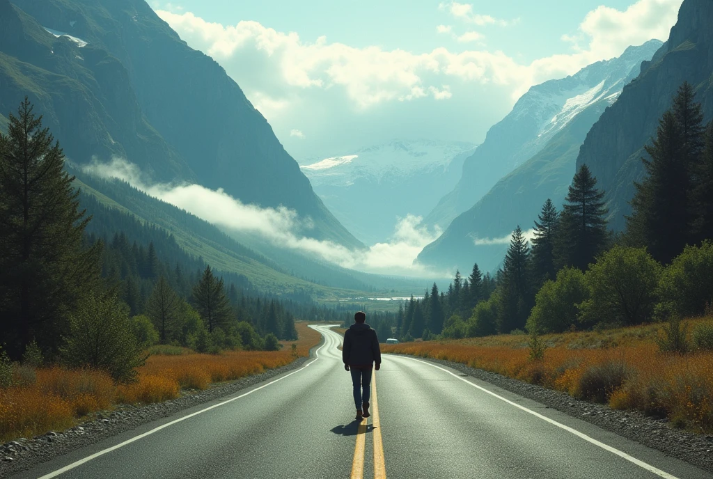 You are walking alone on a clear winding road arriving in a city that meanders through majestic mountains, soon the front has a beautiful town with several people. The sky, once clear, is now covered by sunlight. The wind blows with increasing force, making the trees around it moan and lean. You feel the first drops of rain touching your skin, and the air becomes heavy with the expectation of an impending storm. In this moment of loneliness and uncertainty, with nature about to unleash its fury, you remember the comforting words of Psalm 91. As you recite the verses in your mind, a sense of calm begins to spread throughout your being, contrasting with the turmoil around you.
