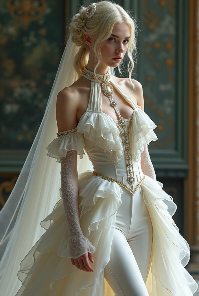 Young thin man, androgynous in appearance, white skin with blonde hair in waves with layers and braids, rococo groom dress. She wears a unique outfit that combines a dress with very tight white dress pants.. The pants are complemented by a layered dress train that starts at the waist., with lace and tulle. the top, an imperial collar type Jabot collar, full to the waist, sleeveless, without transparencies, decorated with delicate ruffles and crystals sewn to the front that add a touch of luxury. The ensemble is completed with a bridal veil in layers of more than five meters., elbow length lace gloves