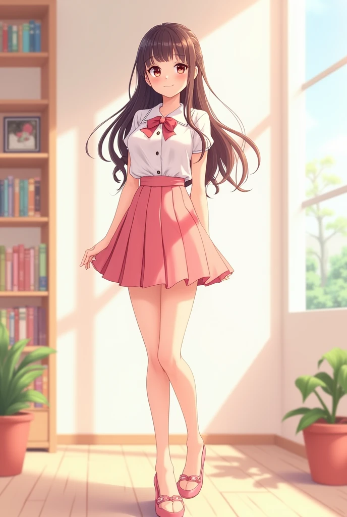 粉白Short skirt，School Belle，Short skirt，whole body，High heel，Smile