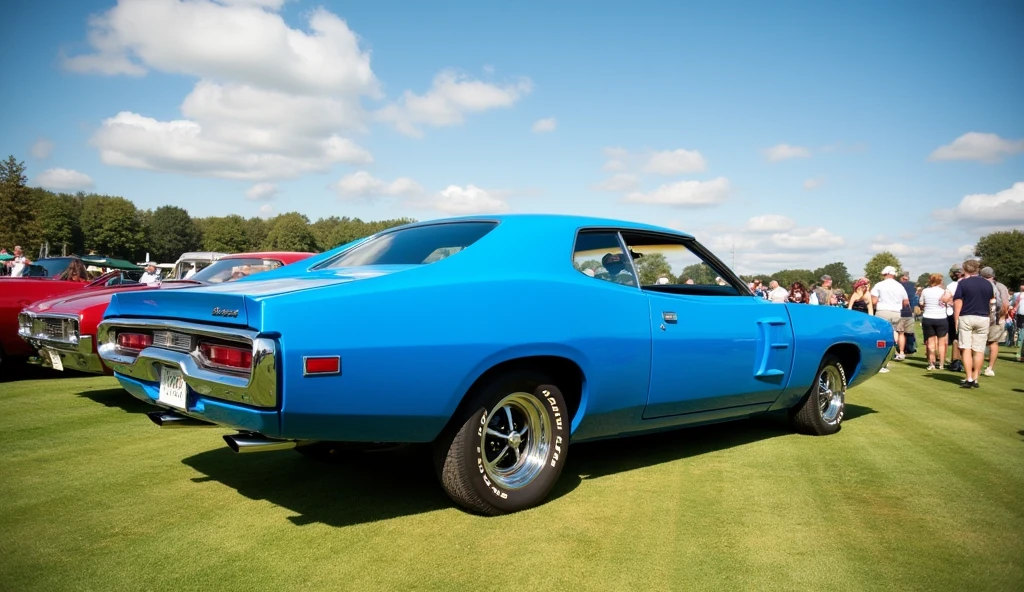 73 valiant charger electric blue at the Goodwood festival with a sunny day, wispy white clouds