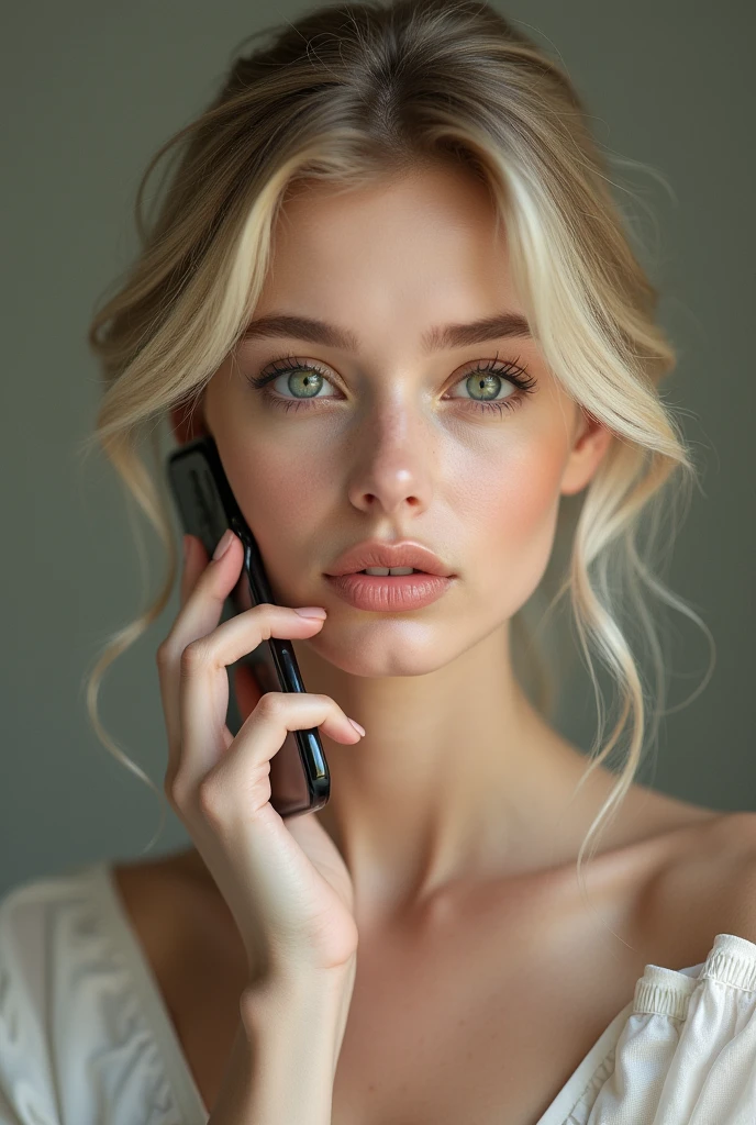 wife , origine russe , bionde , green eyes , samsung s23 , bouche fermer , hair curl , fine nose , visage fin