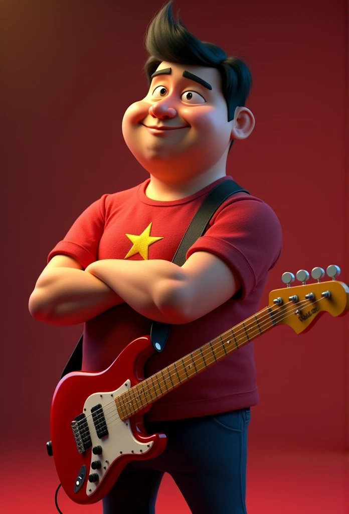 Cartoon character of a strong man with a round, dark face and short black hair (bass guitar) with arms crossed and a completely red shirt with a star on the chest, animation character, stylized character, animation style rendering, 3d stylized, Arnold Maya rendering, Stylized 3D rendering, toon render screenshot, 3d character, 3d character, Stylized 3D rendering, 3D character rendering, cartoon character, Personagem de close up, character posing, (Pixar-style) (master part:1.2) (bokeh) (best qualityer) (skin detailed) (detailed texture) (8k) (Argilla) (cinematic lighting) (sharp focus