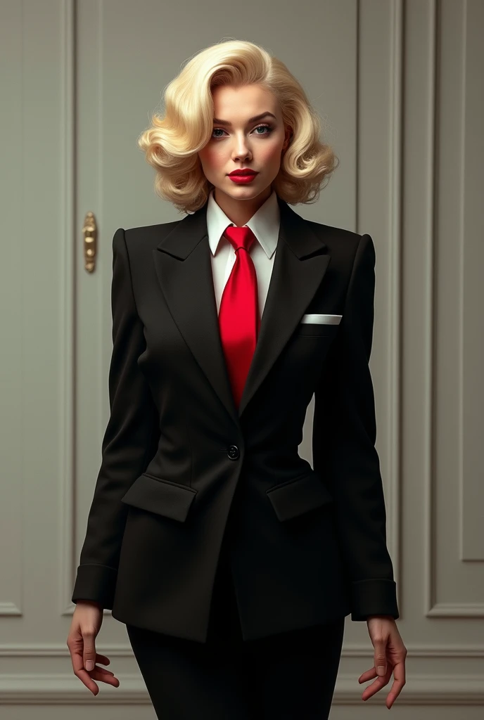 Marilyn Monroe in a classic black suit with a red tie.