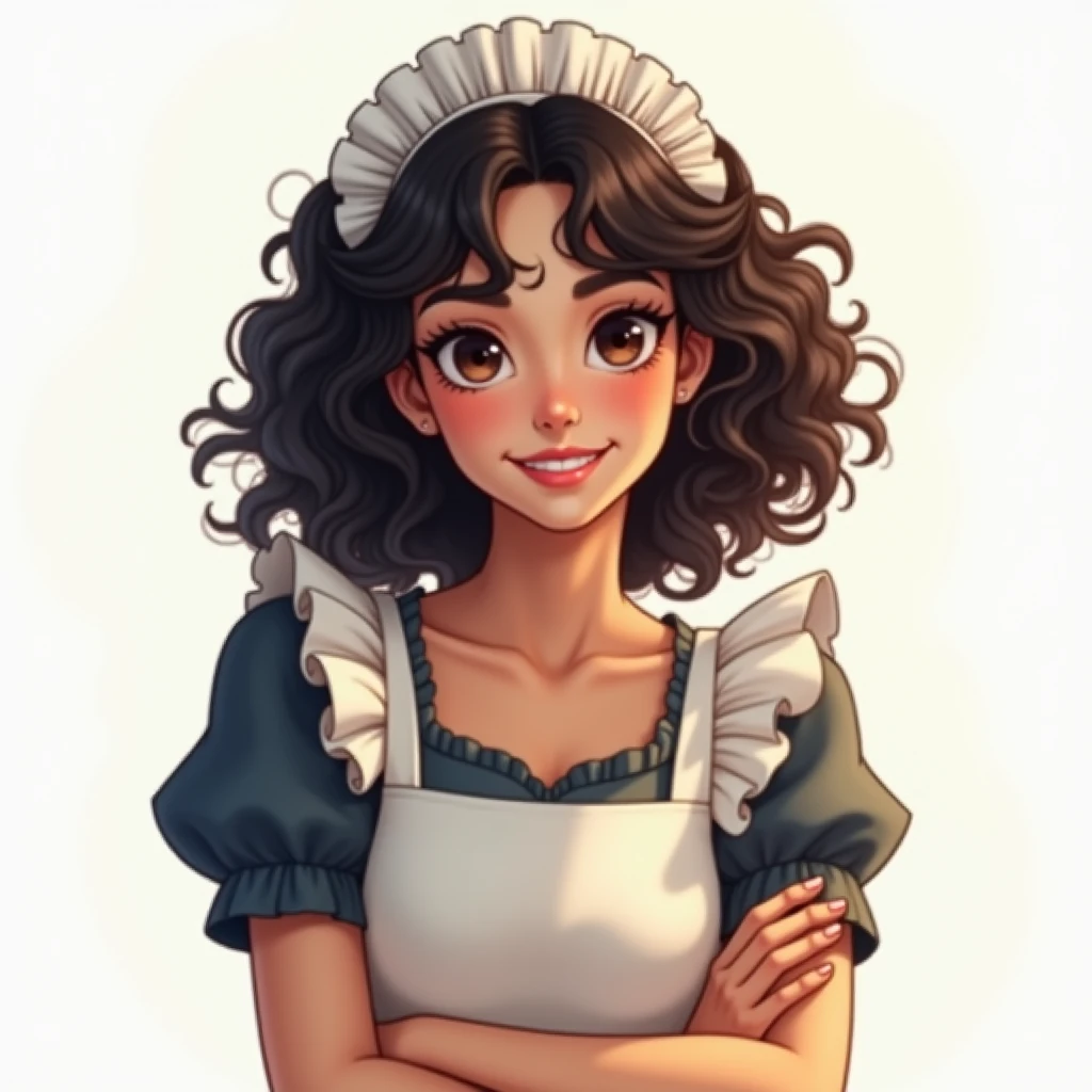 a beautiful maid, high resolution, best quality, maid outfit, soft hands, large bright eyes, dark voluminous curly hair, sweet smile, rosy cheeks, soft lighting, pure white background