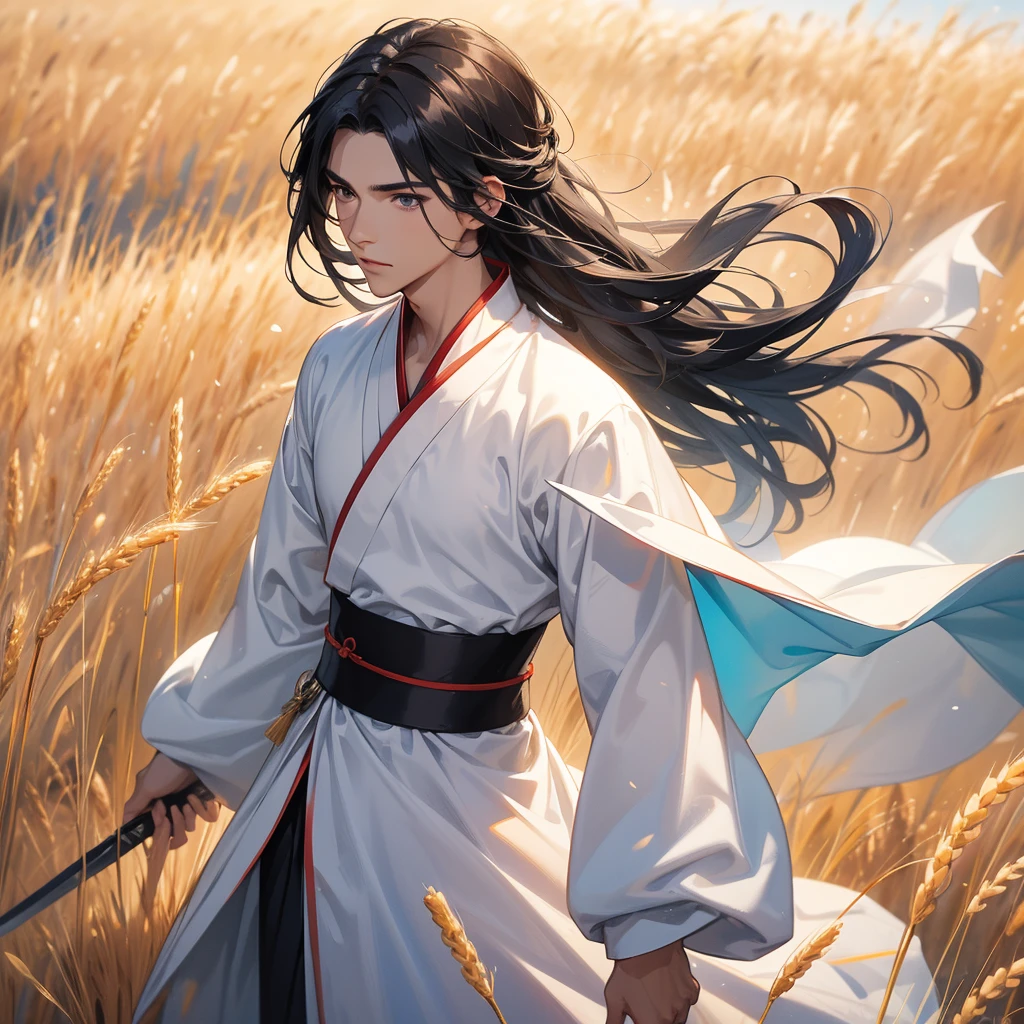 A Handsome black-hair male holding a large sword in white hanfu dress, Standing in the middle of a wheat field。, close up.