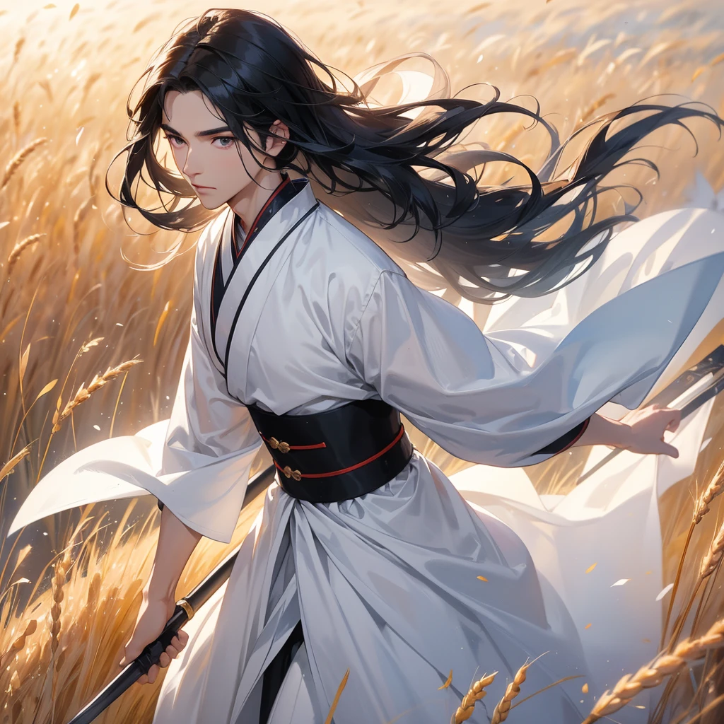 A Handsome black-hair male holding a large sword in white hanfu dress, Standing in the middle of a wheat field。, close up.