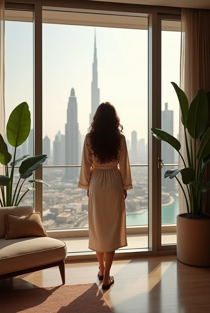 A photorealistic scene of a beautiful woman standing in a luxurious high-rise apartment in the Burj Khalifa. She’s wearing an elegant silk robe and matching slippers, with long curly hair cascading around her. The room features soft, warm lighting and is decorated with elegant furnishings and indoor plants. Through the large windows, the expansive cityscape of Dubai is visible, with the iconic Burj Khalifa towering above the bustling city. Capture the intricate details of her poised stance and the contrast between the sophisticated indoor space and the vibrant city lights outside." Face on the camera