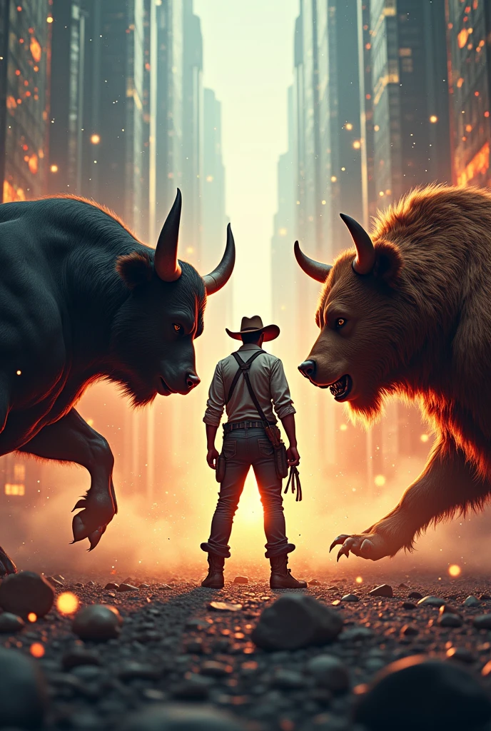 I want profile pic in which bull and bear of crypto market and there is a cow boy is in between them