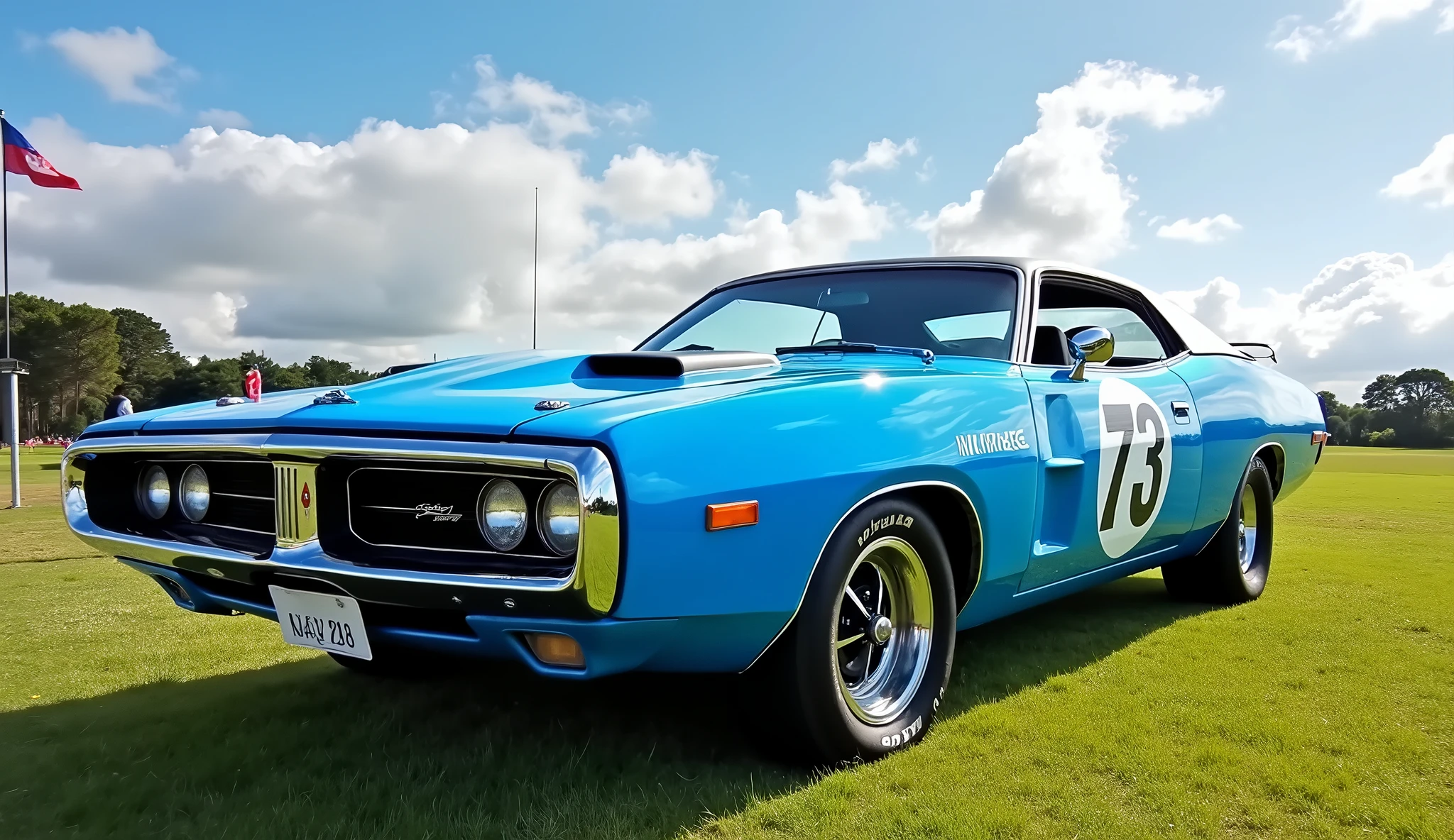 73 valiant charger electric blue at the Goodwood festival  with a sunny day, wispy white clouds