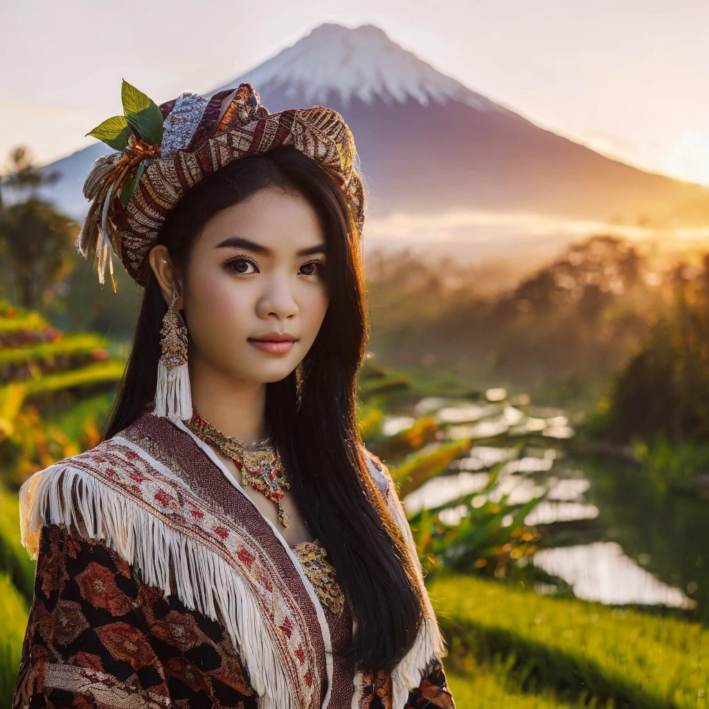 (best quality, masterpiece), 1girl, intricate details, beautiful detailed face,
Generate img
TYPE : Celebgram Photos
THEME : Nature
RACE : Indonesian
PERSON : Early 20s, girl
SCENE : A beautiful Sasak woman from Lombok Island, 20 years old, white skinned, black hair, wearing a kebaya, wearing a songket sarong as her bottom, posing against the backdrop of rice fields and Mount Rinjani,
PROPS: huts and green rice fields, streams and forests.
CAMERA : photographed using an Canon eos 90d DSLR camera with 18-135mm lens
, celebgram preset, skin texture , detailed face , use presets like celebgram photos.
ANGLE : angled from sky ,High Dynamic Range (HDR) shot , rule of third
adjust the gesture as in the example image