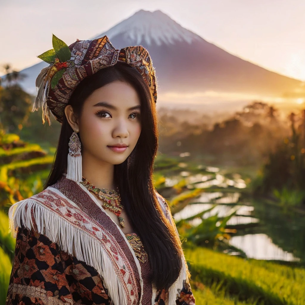  (best quality, masterpiece), 1girl, intricate details, beautiful detailed face,

Generate img
TYPE : Celebgram Photos
THEME : Nature
RACE : Indonesian
PERSON  : Early 20s,  girl
SCENE : A beautiful Sasak woman from Lombok Island, 20 years old, white skinned, black hair, wearing a kebaya, wearing a songket sarong as her bottom, posing against the backdrop of rice fields and Mount Rinjani,
PROPS: huts and green rice fields, streams and forests. 

CAMERA : photographed using an Canon eos 90d DSLR camera with 18-135mm lens
, celebgram preset, skin texture , detailed face , use presets like celebgram photos.
ANGLE : angled from sky ,High Dynamic Range (HDR) shot , rule of third
adjust the gesture as in the example image
