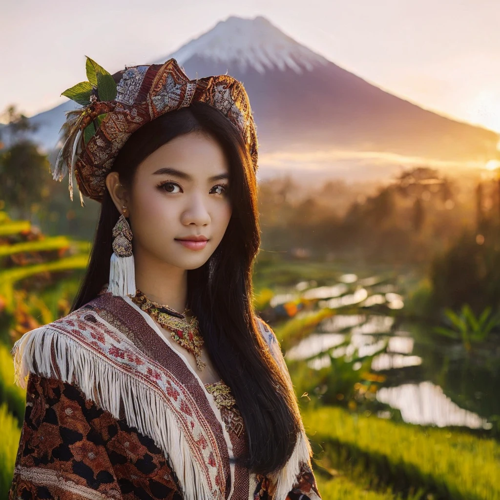  (best quality, masterpiece), 1girl, intricate details, beautiful detailed face,

Generate img
TYPE : Celebgram Photos
THEME : Nature
RACE : Indonesian
PERSON  : Early 20s,  girl
SCENE : A beautiful Sasak woman from Lombok Island, 20 years old, white skinned, black hair, wearing a kebaya, wearing a songket sarong as her bottom, posing against the backdrop of rice fields and Mount Rinjani,
PROPS: huts and green rice fields, streams and forests. 

CAMERA : photographed using an Canon eos 90d DSLR camera with 18-135mm lens
, celebgram preset, skin texture , detailed face , use presets like celebgram photos.
ANGLE : angled from sky ,High Dynamic Range (HDR) shot , rule of third
adjust the gesture as in the example image
