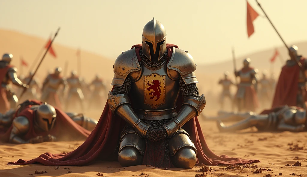 A highly realistic, high-contrast, 8K HD, detailed, hyper-detailed image of a fully armored knight bearing a lion emblem on his chest, kneeling on both knees in the desert, suffering in pain after being defeated in battle. His face is obscured by a helmet, ensuring that no facial features are visible. The lion emblem, as shown in the reference image, is prominently displayed on his chest. Bloodstains are visible on the knight's armor, emphasizing the brutality of the battle. Surrounding him are the bodies of other fallen knights, also bloodied, and some knights are still engaged in combat in the background. The desert scene is intense, with the atmosphere filled with the chaos of battle. The image is of the highest quality, with ultra-high resolution, RAW photo quality, and Unreal Engine rendering, vividly depicting the suffering and despair of the knight in his final moments amidst the brutal combat in the vast desert.