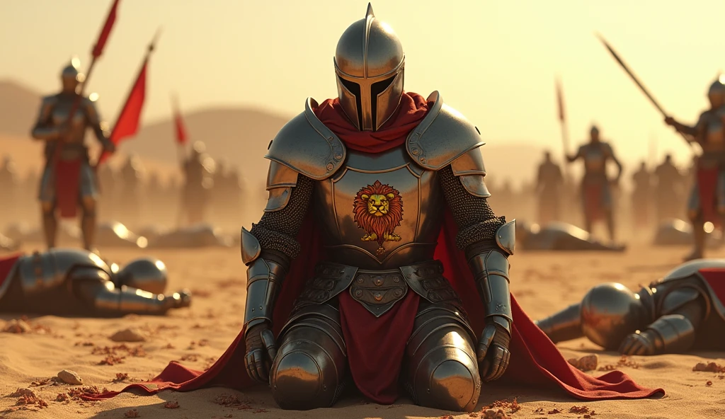 A highly realistic, high-contrast, 8K HD, detailed, hyper-detailed image of a fully armored knight bearing a lion emblem on his chest, kneeling on both knees in the desert, suffering in pain after being defeated in battle. His face is obscured by a helmet, ensuring that no facial features are visible. The lion emblem, as shown in the reference image, is prominently displayed on his chest. Bloodstains are visible on the knight's armor, emphasizing the brutality of the battle. Surrounding him are the bodies of other fallen knights, also bloodied, and some knights are still engaged in combat in the background. The desert scene is intense, with the atmosphere filled with the chaos of battle. The image is of the highest quality, with ultra-high resolution, RAW photo quality, and Unreal Engine rendering, vividly depicting the suffering and despair of the knight in his final moments amidst the brutal combat in the vast desert.