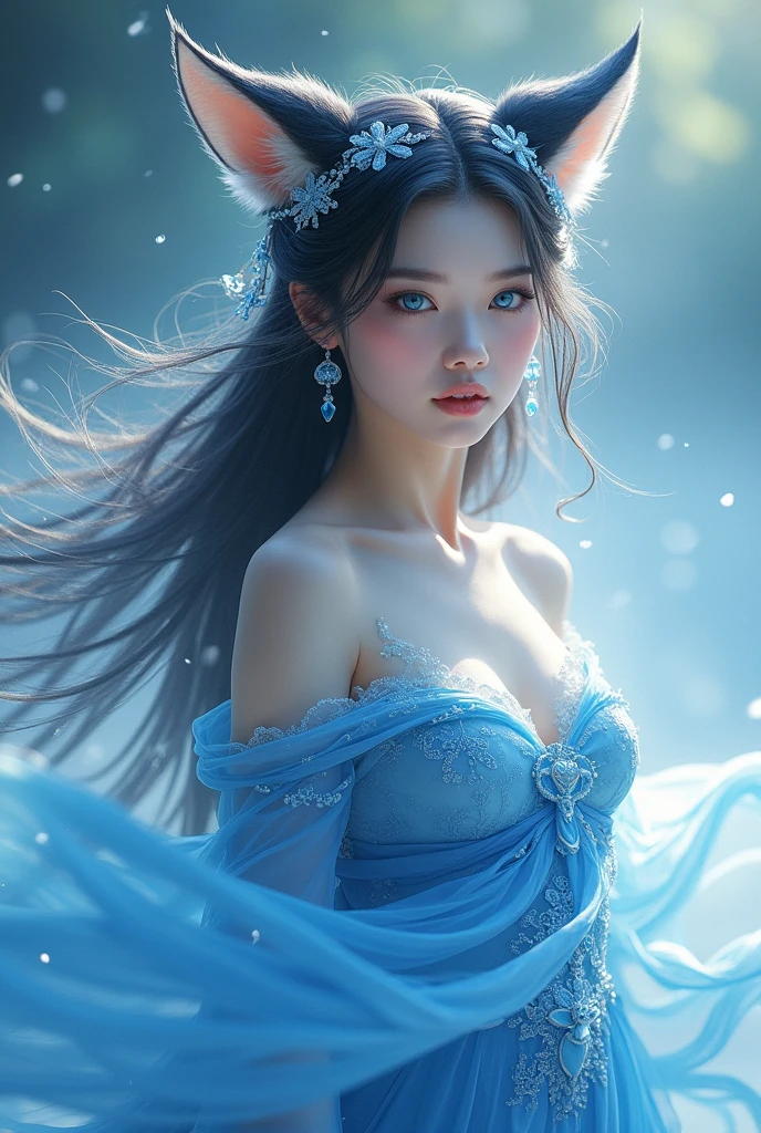 A beautiful woman, have ear fox, long hair, blue goddess dress like a snow, beautiful blue eyes, perfect face, high quality, theme eastern fantasy