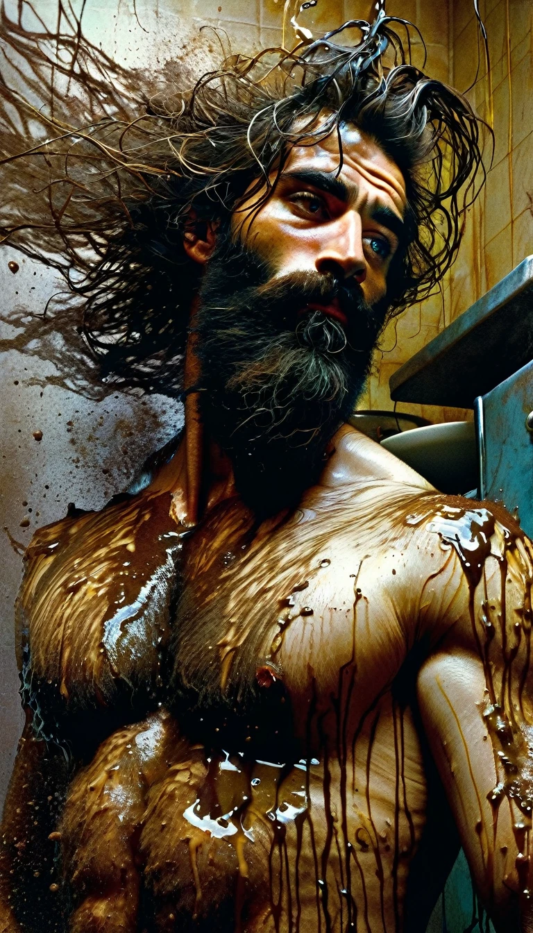 Turkish man, bearded, dirty, disheveled, in the kitchen of a kebap, digital art inspired by Bill Sienkiewicz and Dave McKean, highly detailed, photorealistic, 8k, masterpiece, intricate, cinematic lighting, dramatic colors, chiaroscuro, wet mud, dirt, splashing, messy, playful, vibrant