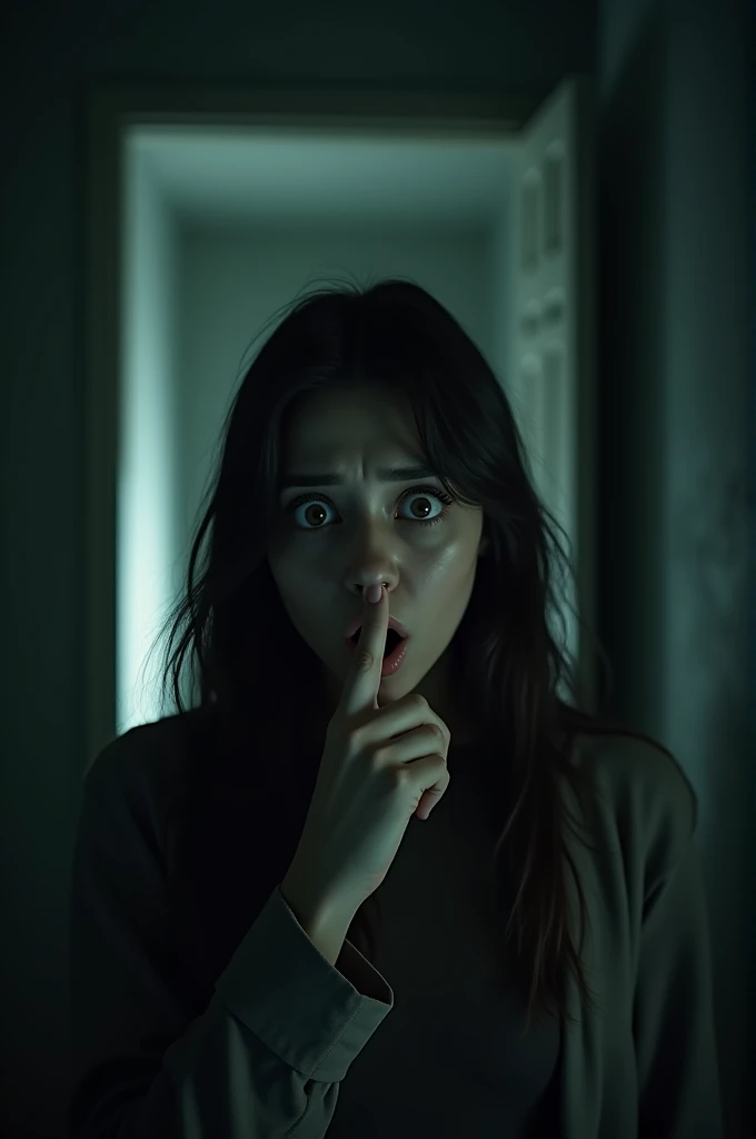 Here's the prompt you can use for generating the image:"A person making a 'shh' gesture with a finger over their lips, eyes wide with fear as if they’re hearing something terrifying nearby. The background is a dimly lit room with an open door or window, suggesting an approaching threat. The atmosphere is tense and eerie, with shadows and dark tones enhancing the sense of horror."