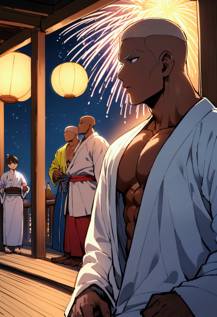 Highest quality、Midsummer evening、Short Hair、Sports haircut、Two muscular men wearing yukatas happily eating on the veranda、Pectoralis major、Abdominal muscles、Brown skin、Shaved head、firework